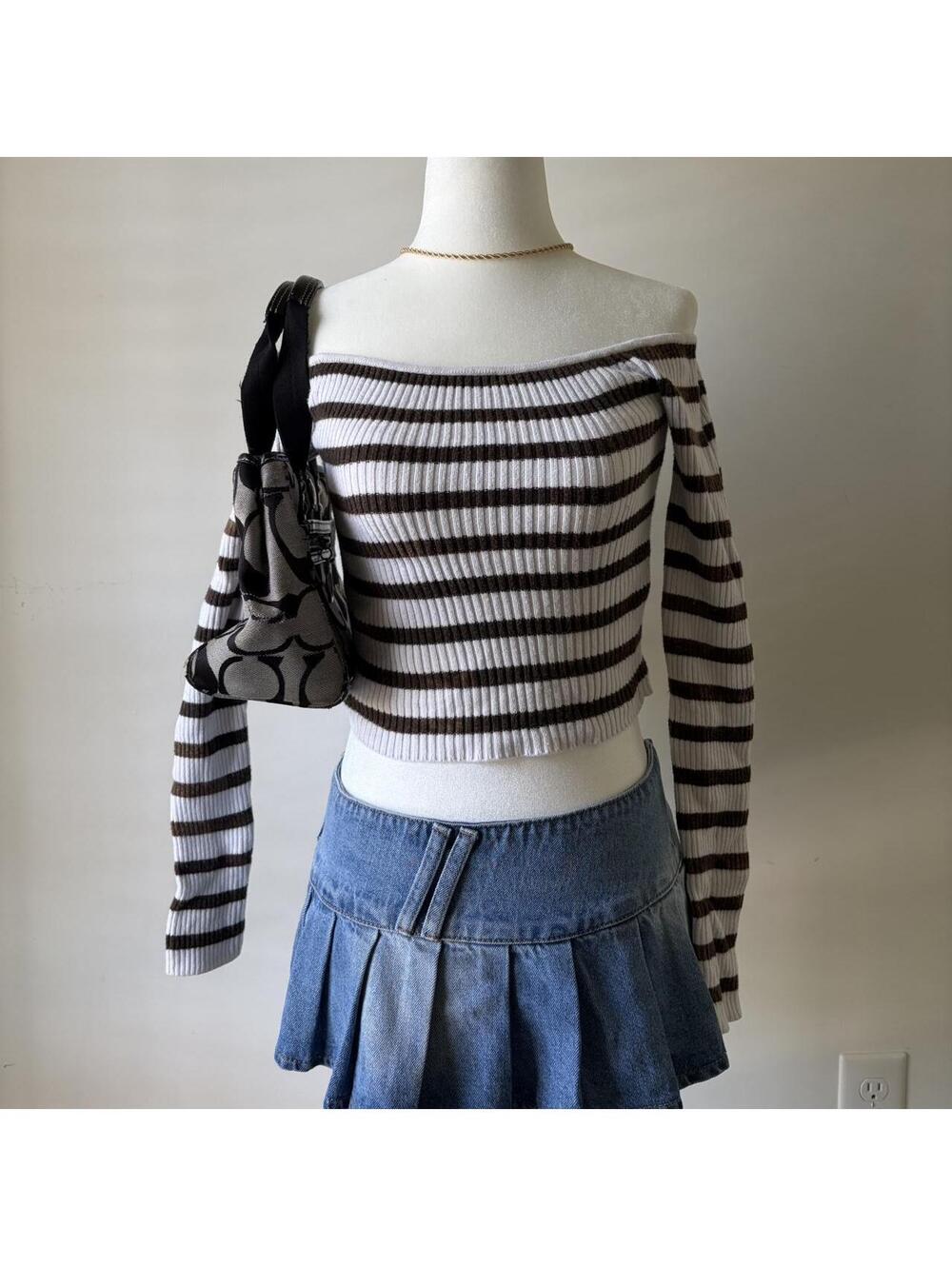 Y2K Off Shoulder Striped Ribbed Crop Top Elena Gilbert Party Vibes